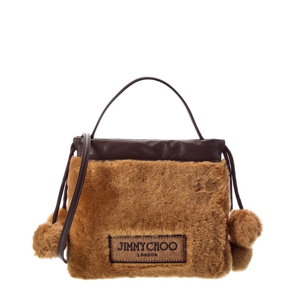 Jimmy Choo Drawstring Shearling & Leather Pouch, Brown
